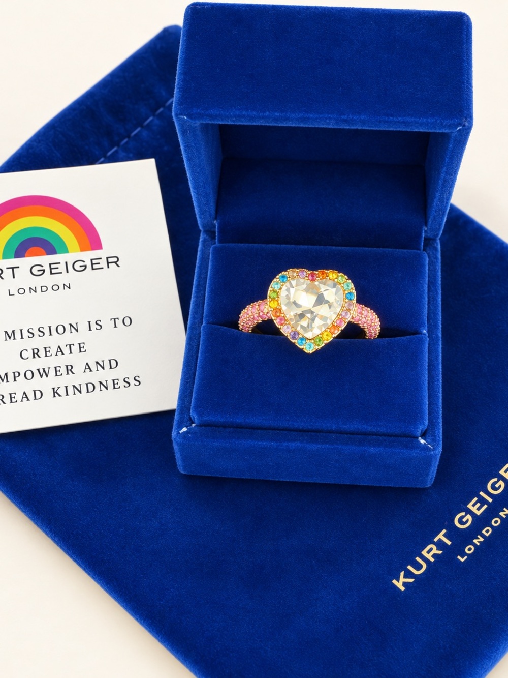 Kurt Geiger Pink Multicolor Heart Crystal Statement Ring